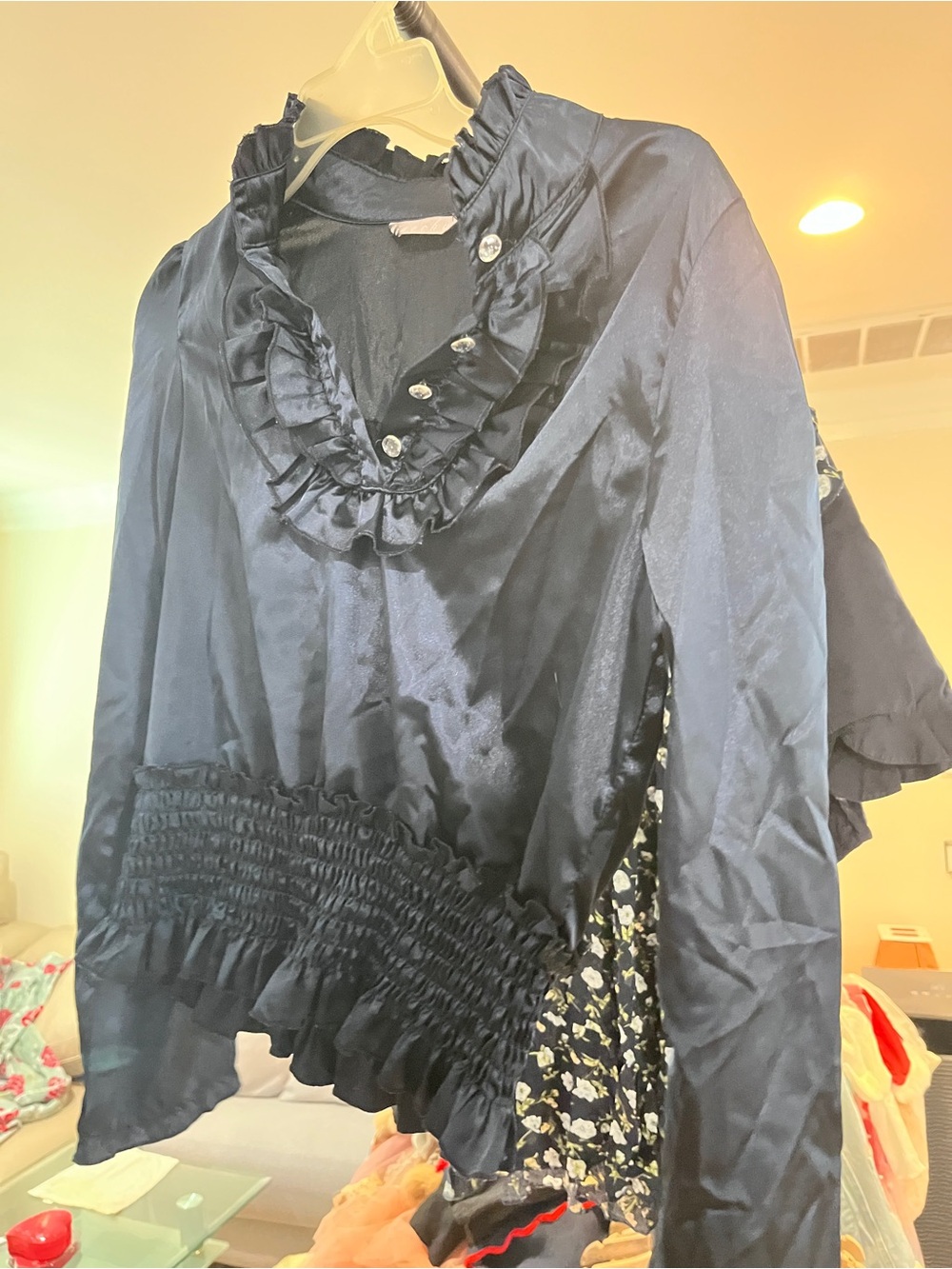 Navy Satin Ruffled Button-Front Blouse